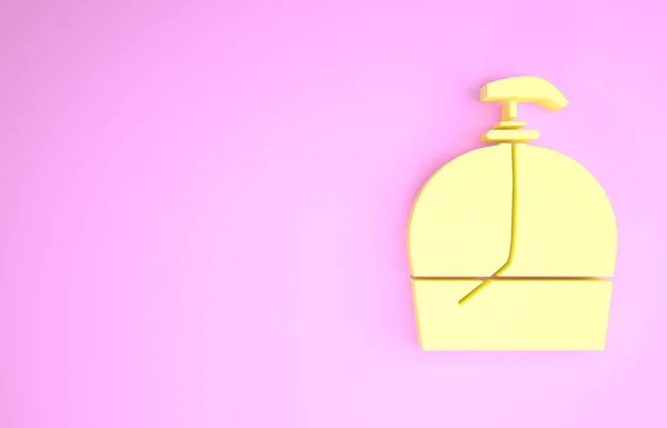 Bouteille jaune de savon liquide antibactérien avec icône distributeur isolé sur fond rose. Désinfection, hygiène, soin de la peau. Concept de minimalisme. Illustration 3D rendu 3D — Photo