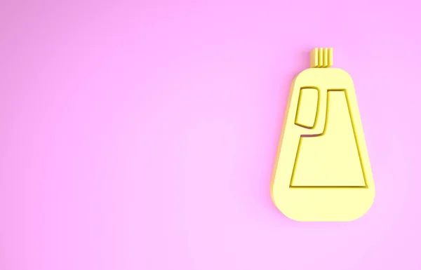 노란색 플라스틱 병에는 액체 세탁제, 표백제, 식기 세척제 아이콘 이 분홍색 배경에 분리되어 있습니다. 미니멀리즘의 개념입니다. 3d 삽화 3D 렌더링 — 스톡 사진