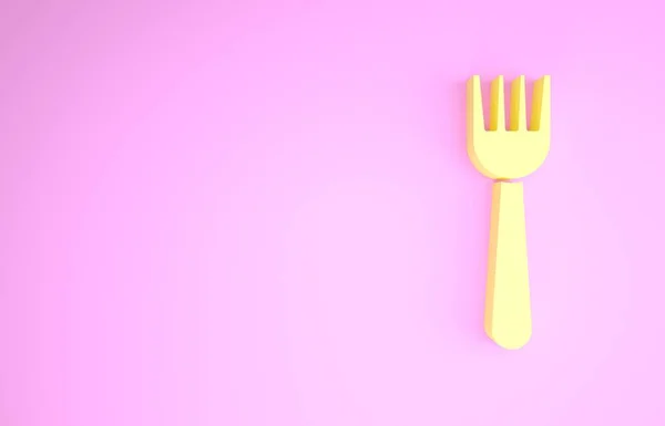 Icono de tenedor de plástico desechable amarillo aislado sobre fondo rosa. Concepto minimalista. 3D ilustración 3D render — Foto de Stock