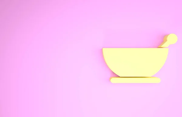 Żółta zaprawa i ikona tłuczka na różowym tle. Koncepcja minimalizmu. Ilustracja 3D 3D renderowania — Zdjęcie stockowe