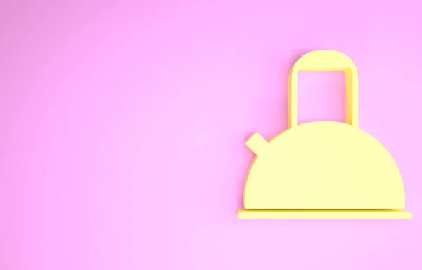 Gelber Wasserkocher mit Griff-Symbol auf rosa Hintergrund. Teekanne vorhanden. Minimalismus-Konzept. 3D Illustration 3D Renderer — Stockfoto