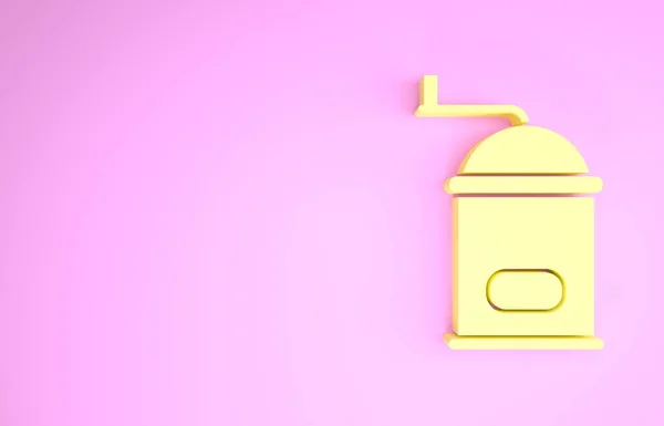 Желтый ручной кофе шлифовальный значок изолирован на розовом фоне. Концепция минимализма. 3D-рендеринг — стоковое фото