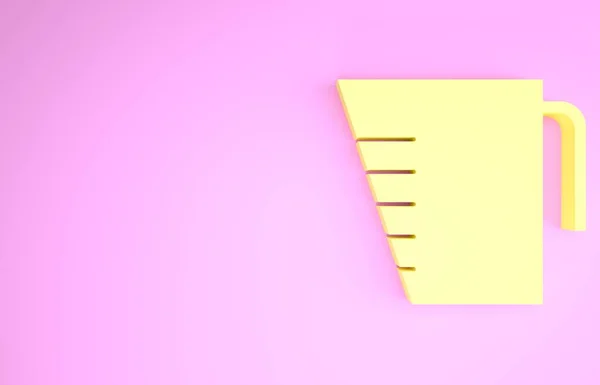 Taza de medición amarilla para medir el icono de la comida seca y líquida aislada sobre fondo rosa. vaso de precipitados de plástico con mango. Concepto minimalista. 3D ilustración 3D render —  Fotos de Stock