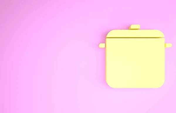 Ícone de panela de cozinha amarelo isolado no fundo rosa. Ferva ou guisado símbolo de comida. Conceito de minimalismo. 3D ilustração 3D render — Fotografia de Stock