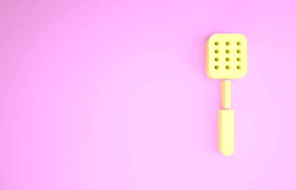 Ikon Spatula Kuning terisolasi pada latar belakang merah muda. Ikon spatula dapur. Tanda BBQ spatula. Barbekyu dan alat pemanggang. Konsep minimalisme. Tampilan 3D ilustrasi 3d — Stok Foto