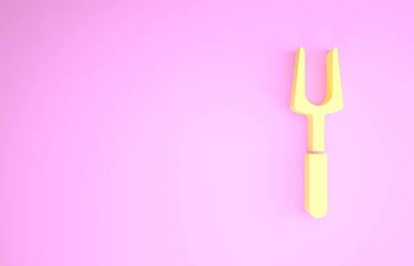 Icono de tenedor amarillo para barbacoa aislado sobre fondo rosa. Cartel de tenedor para barbacoa. Barbacoa y parrilla. Concepto minimalista. 3D ilustración 3D render — Foto de Stock