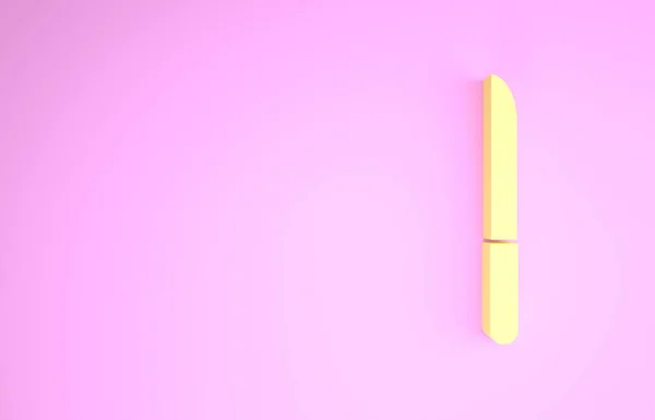 Ícone de faca amarelo isolado no fundo rosa. Símbolo de talheres. Conceito de minimalismo. 3D ilustração 3D render — Fotografia de Stock