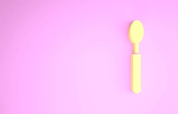 Icono de la cuchara amarilla aislado sobre fondo rosa. Utensil de cocina. Signo de cubertería. Concepto minimalista. 3D ilustración 3D render — Foto de Stock