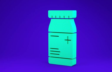 Yeşil ilaç şişesi ve mavi arka planda izole edilmiş hap ikonu. Şişe hapı işareti. Eczane tasarımı. Minimalizm kavramı. 3d illüstrasyon 3d canlandırma