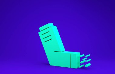 Mavi arkaplanda yeşil astım ikonu izole edildi. Öksürük şurubu, solunum, alerjik hasta. Tıbbi alerji astım spreyi. Minimalizm kavramı. 3d illüstrasyon 3B canlandırma