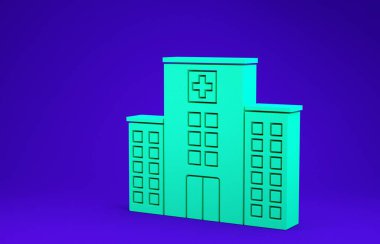 Mavi arka planda çapraz ikonu olan yeşil tıp hastanesi binası. Tıp merkezi. Sağlık hizmetleri. Minimalizm kavramı. 3d illüstrasyon 3B canlandırma