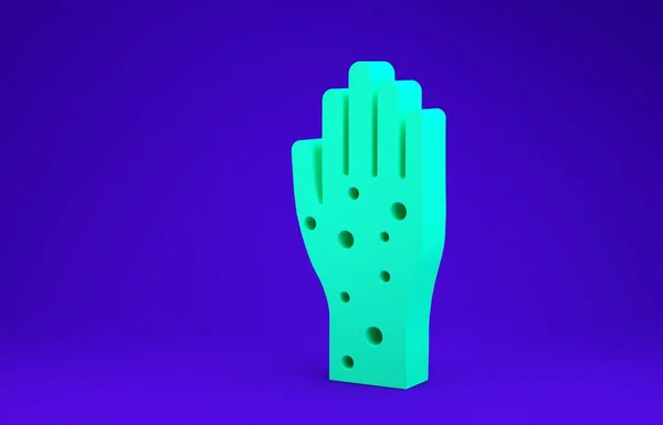 青の背景には乾癬や湿疹のアイコンが隔離された緑の手 アレルゲンや慢性的な体の問題に対する人間の皮膚応答の概念 最小限の概念 3Dイラスト3Dレンダリング — ストック写真