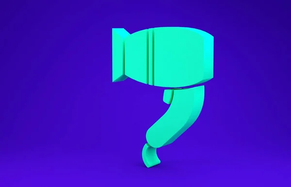 Green Hair dryer icon isolated on blue background. Hairdryer sign. Hair drying symbol. Blowing hot air. Minimalism concept. 3d illustration 3D render