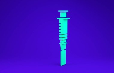 Mavi arkaplanda yeşil şırınga simgesi izole edildi. Aşı için şırınga, aşı, iğne, grip aşısı. Tıbbi ekipman. Minimalizm kavramı. 3d illüstrasyon 3B canlandırma