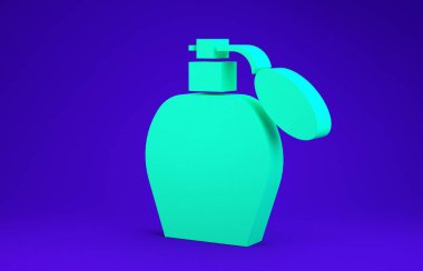 Mavi arkaplanda yeşil parfüm simgesi izole edildi. Minimalizm kavramı. 3d illüstrasyon 3B canlandırma