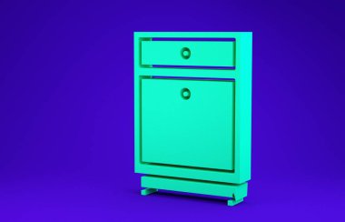 Mavi arkaplanda yeşil mobilya komodininin simgesi izole edildi. Minimalizm kavramı. 3d illüstrasyon 3B canlandırma