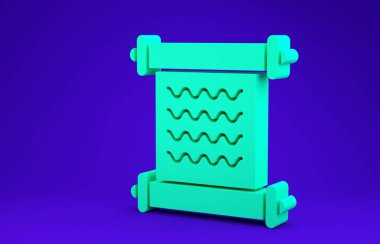 Yeşil KHK, kağıt, parşömen, parşömen simgesi mavi arkaplanda izole edilmiş. Minimalizm kavramı. 3d illüstrasyon 3B canlandırma