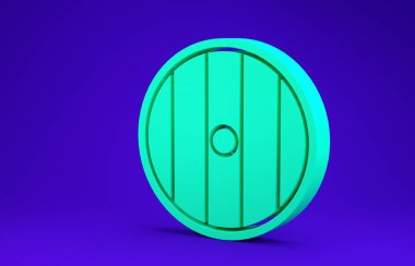 Mavi arka planda yeşil yuvarlak ahşap kalkan simgesi izole edildi. Güvenlik, güvenlik, koruma, mahremiyet, koruma kavramı. Minimalizm kavramı. 3d illüstrasyon 3B canlandırma