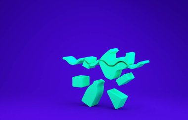 Yeşil. Okyanus ikonunun kirliliği sorunu mavi arka planda izole edilmiş. Çöpler, plastikler, denizdeki poşetler. Minimalizm kavramı. 3d illüstrasyon 3B canlandırma