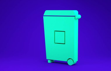 Mavi arkaplanda yeşil çöp kutusu simgesi izole edildi. Çöp kutusu tabelası. Sepet simgesini geri dönüştür. Ofis çöpü ikonu. Minimalizm kavramı. 3d illüstrasyon 3B canlandırma
