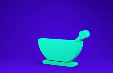 Yeşil havan topu ve tokmak simgesi mavi arkaplanda izole edildi. Minimalizm kavramı. 3d illüstrasyon 3B canlandırma