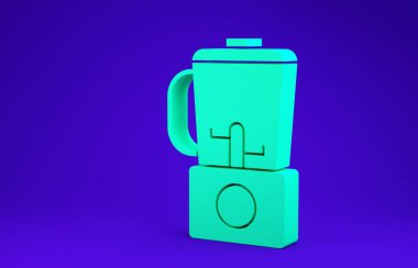 Mavi arkaplanda yeşil karıştırıcı simgesi izole edildi. Mutfak elektrikli kırıcı ve kase. Meyve suyu, kokteyl ya da meyve suyu. Minimalizm kavramı. 3d illüstrasyon 3B canlandırma