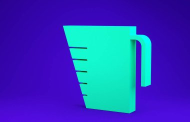 Mavi arka planda kuru ve sıvı yiyecek ikonunu ölçmek için yeşil ölçü kabı. Plastik şişenin sapı var. Minimalizm kavramı. 3d illüstrasyon 3B canlandırma