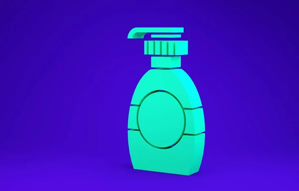 绿色瓶液体抗菌肥皂与配药图标分离蓝色背景 护肤等概念 最低纲领的概念 3D渲染3D插图 — 图库照片