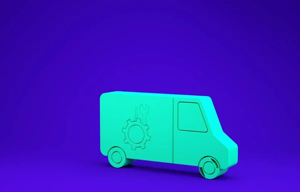 緑の車のサービスアイコンは青の背景に隔離された 修理サービス自動車整備士 メンテナンスサイン 最小限の概念 3Dイラスト3Dレンダリング — ストック写真
