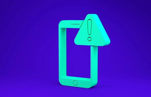 Telefone Móvel Verde Com Ícone Ponto Exclamação Isolado Fundo Azul — Fotografia de Stock
