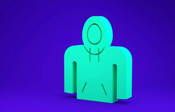 蓝色背景上孤立的绿色帽衫图标 头罩汗衫 最低纲领的概念 3D渲染3D插图 — 图库照片