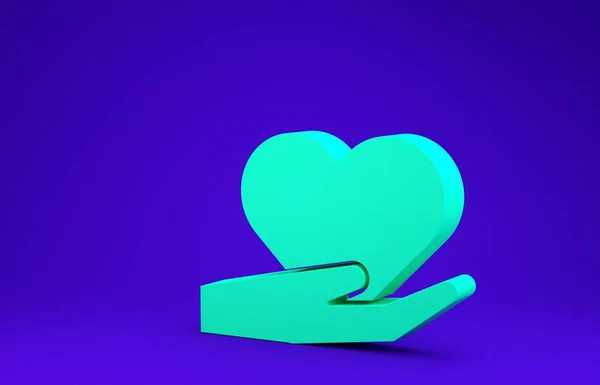 Coração Verde Mão Ícone Isolado Fundo Azul Mão Dando Símbolo — Fotografia de Stock