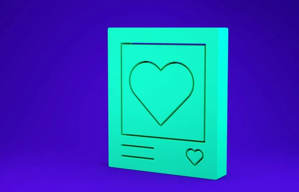 Green Blanks photo frames and hearts icon isolated on blue background. Valentines Day symbol. Minimalism concept. 3d illustration 3D render