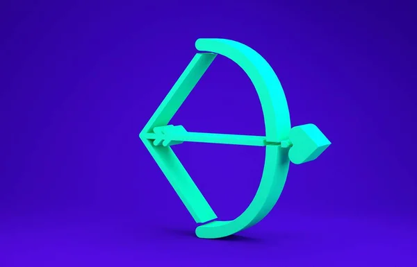绿色弓和箭图标隔离在蓝色背景上 丘比特象征 爱的标志 情人节的概念 最低纲领的概念 3D渲染3D插图 — 图库照片