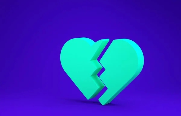 Green Broken heart or divorce icon isolated on blue background. Love symbol. Valentines day. Minimalism concept. 3d illustration 3D render