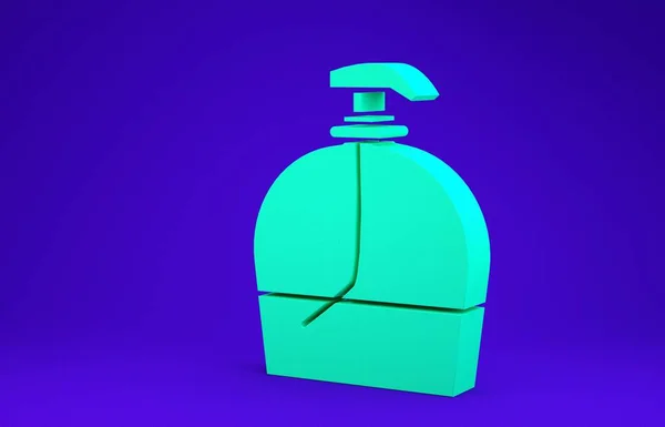 绿色瓶液体抗菌肥皂与配药图标分离蓝色背景 护肤最低纲领的概念 3D渲染3D插图 — 图库照片