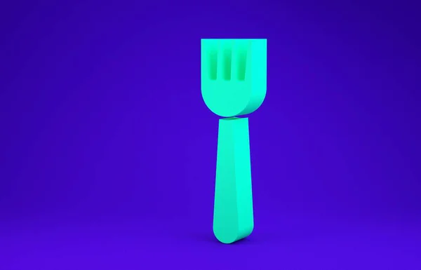 緑の使い捨てプラスチックフォークアイコンは青の背景に隔離されています 最小限の概念 3Dイラスト3Dレンダリング — ストック写真