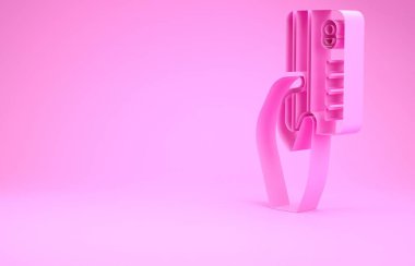 Pembe insan eli, pembe arka planda izole edilmiş kredi kartı ikonu var. Çevrimiçi ödeme. Kartla öde. Finansal operasyonlar. Minimalizm kavramı. 3d illüstrasyon 3B canlandırma