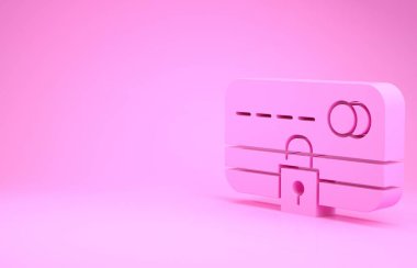 Pembe kredi kartı ve pembe arka planda kilit simgesi var. Kilitli banka kartı. Güvenlik, güvenlik, koruma. Güvenli ödeme kavramı. Minimalizm kavramı. 3d illüstrasyon 3B canlandırma