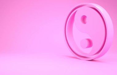 Pembe Yin Yang armoni sembolü ve pembe arkaplanda izole edilmiş denge simgesi. Minimalizm kavramı. 3d illüstrasyon 3B canlandırma