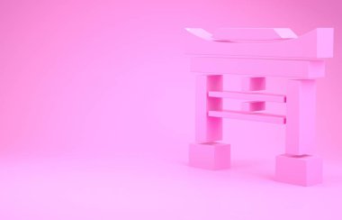 Pembe Japon Kapı simgesi pembe arka planda izole edilmiş. Torii kapı işareti. Geleneksel Japon klasik geçit sembolü. Minimalizm kavramı. 3d illüstrasyon 3B canlandırma