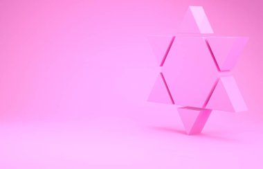 Pembe Davut Yıldızı simgesi pembe arka planda izole edilmiş. Yahudi dini sembolü. İsrail 'in sembolü. Minimalizm kavramı. 3d illüstrasyon 3B canlandırma