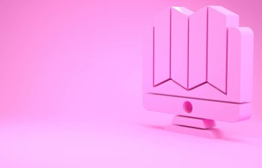 Pembe arka planda izole edilmiş bir monitör simgesinde ormanın pembe konumu. Minimalizm kavramı. 3d illüstrasyon 3B canlandırma