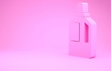 Pembe kumaş yumuşatıcı ikonu pembe arkaplanda izole edilmiş. Sıvı çamaşır deterjanı, saç kremi, temizlik maddesi, çamaşır suyu. Minimalizm kavramı. 3d illüstrasyon 3B canlandırma