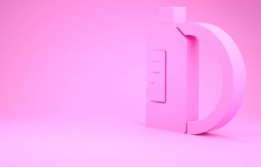 Pembe bulaşık deterjanı ve pembe arka planda izole edilmiş tabak ikonu. Bulaşık yıkamak için sıvı deterjan. Minimalizm kavramı. 3d illüstrasyon 3B canlandırma