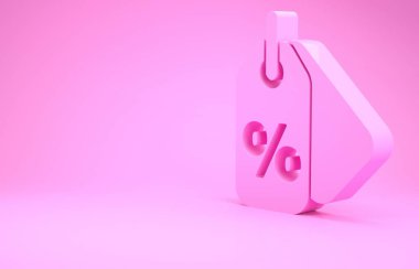 Pembe İndirim etiketi simgesi pembe arka planda izole edildi. Etiket alışverişi. Özel teklif işareti. İndirim kuponları sembolü. Minimalizm kavramı. 3d illüstrasyon 3d canlandırma