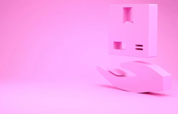 Розовый Доставка Рука Картонными Коробками Значок Изолирован Розовом Фоне Доставка — стоковое фото