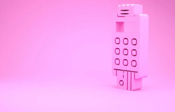粉红粉笔终端 装有插入的信用卡和印好的在粉红背景上隔离的回收图标 Nfc支付概念 最低纲领的概念 3D渲染3D插图 — 图库照片