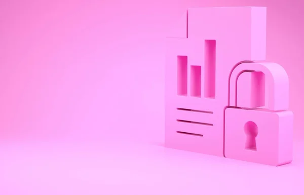 粉色文档和锁定图标隔离在粉色背景 文件格式和挂锁 保护概念 最低纲领的概念 3D渲染3D插图 — 图库照片