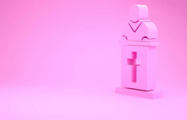 ピンク教会の牧師はピンクの背景に隔離されたアイコンを説教します 最小限の概念 3Dイラスト3Dレンダリング — ストック写真